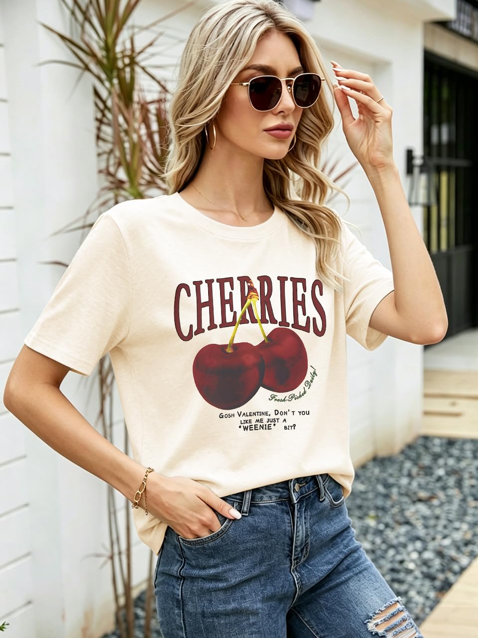 Cherry Graphic Tees Sweet Vibe Streetwear Shirt Short Sleeve Tops for Women
