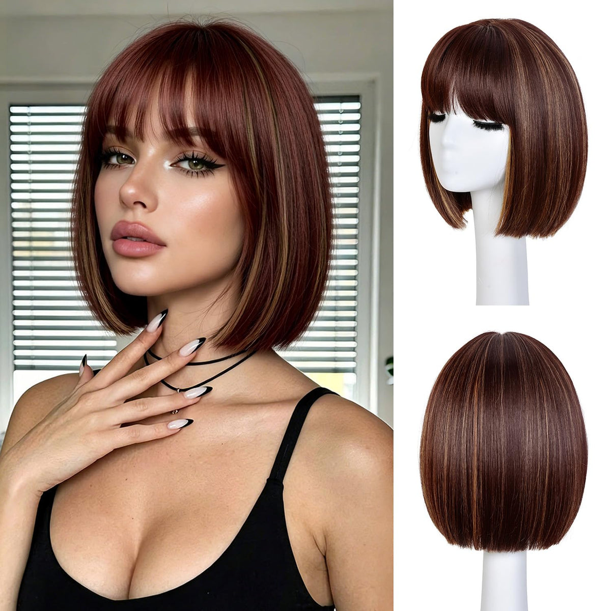 Hightlight Brown Bob Wig With Bangs Short Bob Wigs for Women Girl