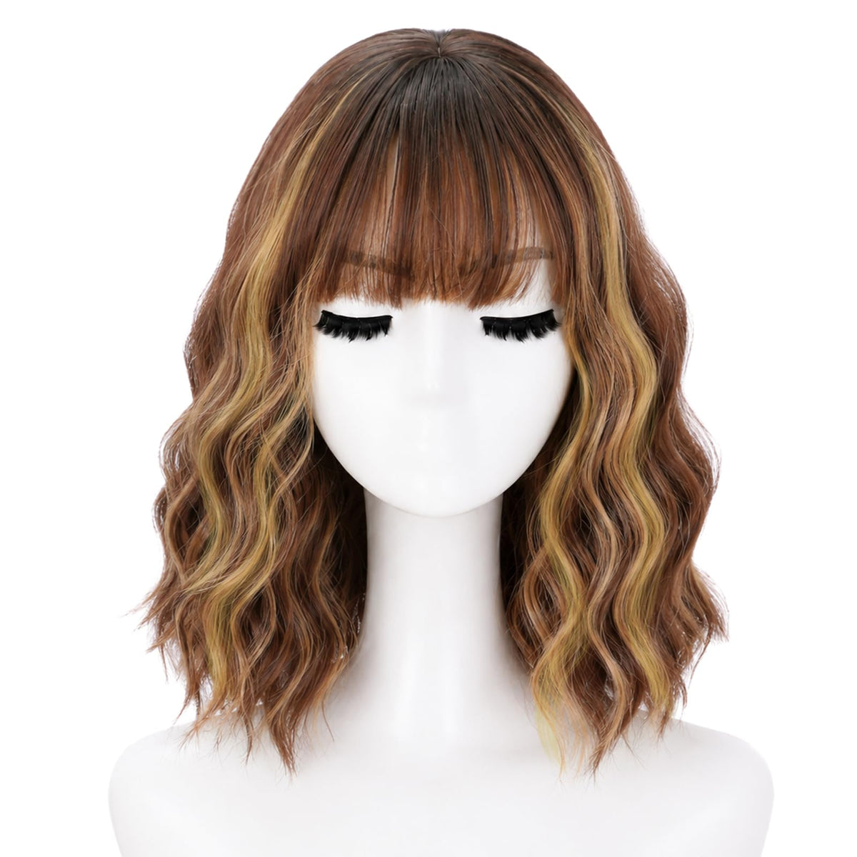 NOSTALGIA Wigs for Women, Short Wavy Bob Wig with Bangs, Trimmable Bangs, Shoulder Length, Black To Brown Heat Resistant Synthetic Wig for Daily Party Use, 14 Inch