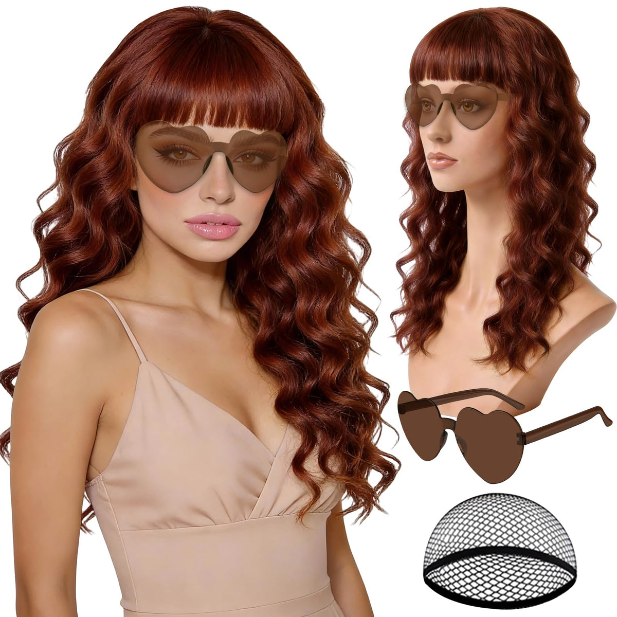Purple Wig for Women Long Wavy Hair with Heart Sunglasses, Colorful Curly Wigs with Bangs for Birthday Nightclubs Music Festival Photography Funny Bachelorette Mardi Gras Party Supplies