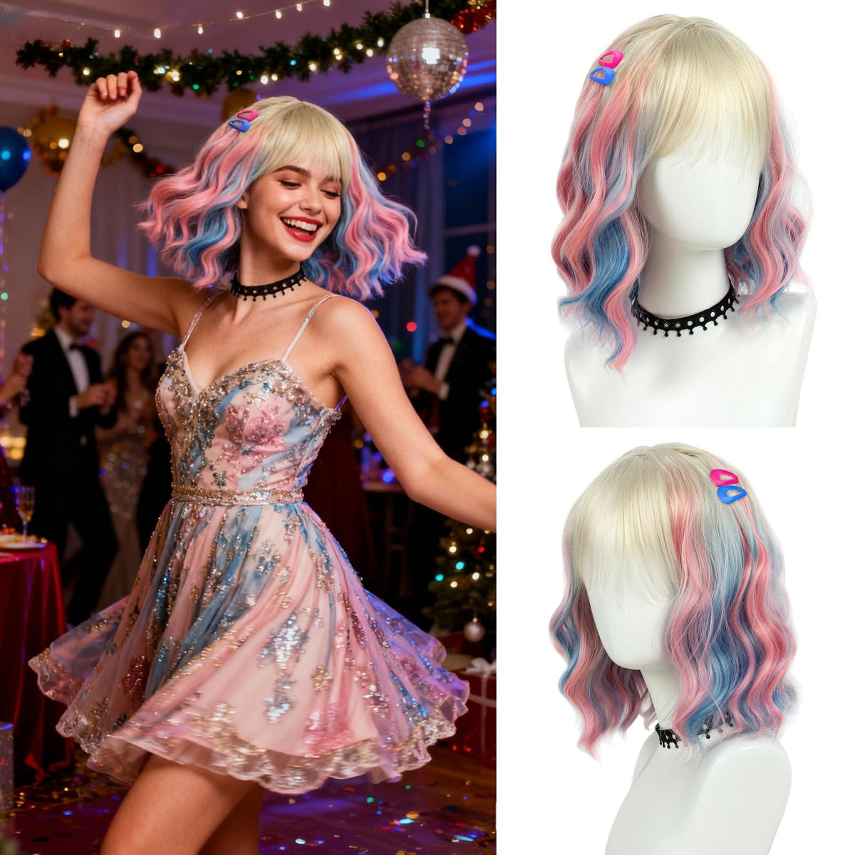 Long Pastel Wigs for Women Heat Resistant Hair Natural Wigs for Daily Cosplay Costume Party Carnival Purple-pink Gradient with Blue Highlights