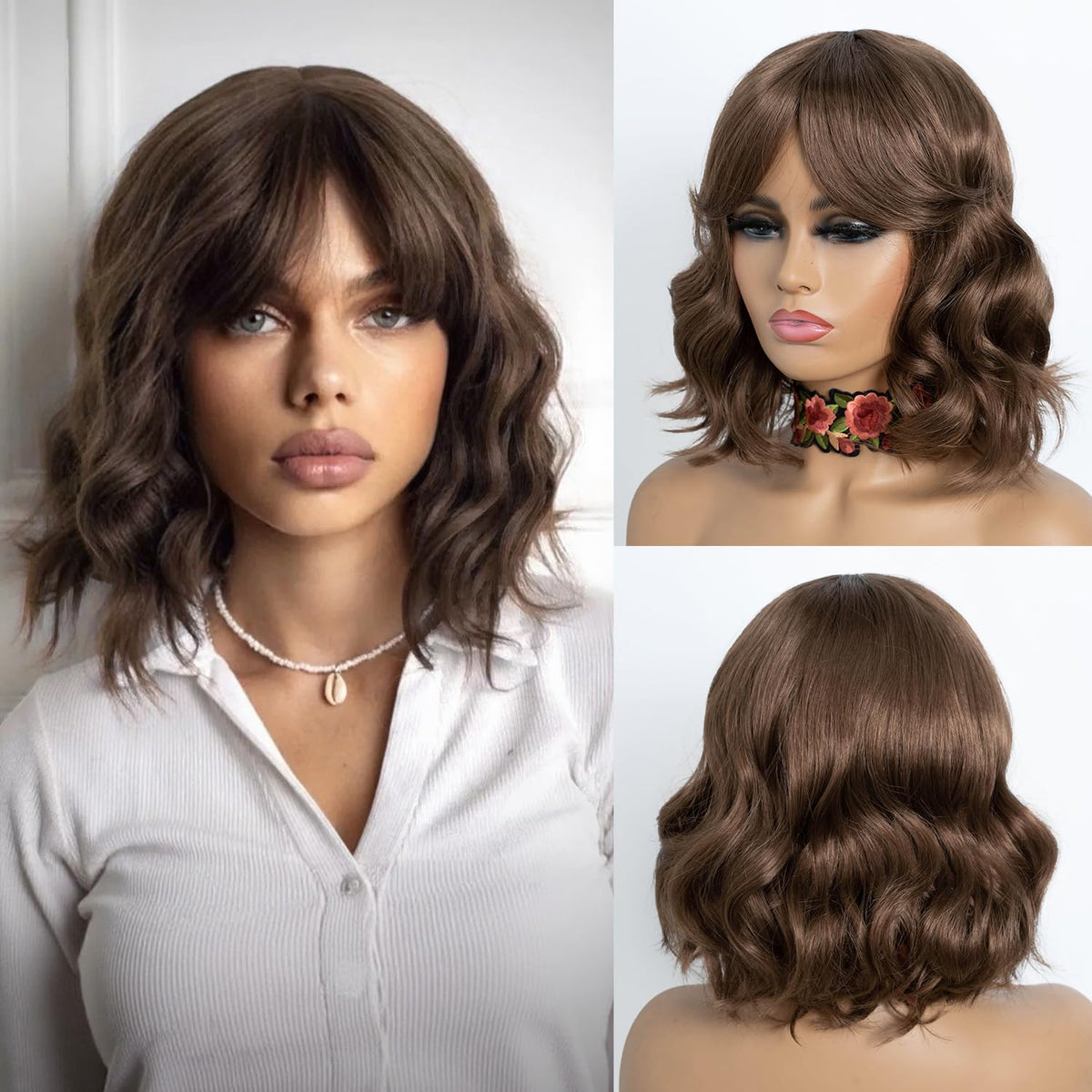 NOBLE Blue Wig with Bangs 12 Inches Short Bob Curly Wig Blue Wigs for Women Colorful Wavy Bob Wigs with Air Bangs Heat Resistant Synthetic Silver Blue Halloween Wigs for Cosplay Party