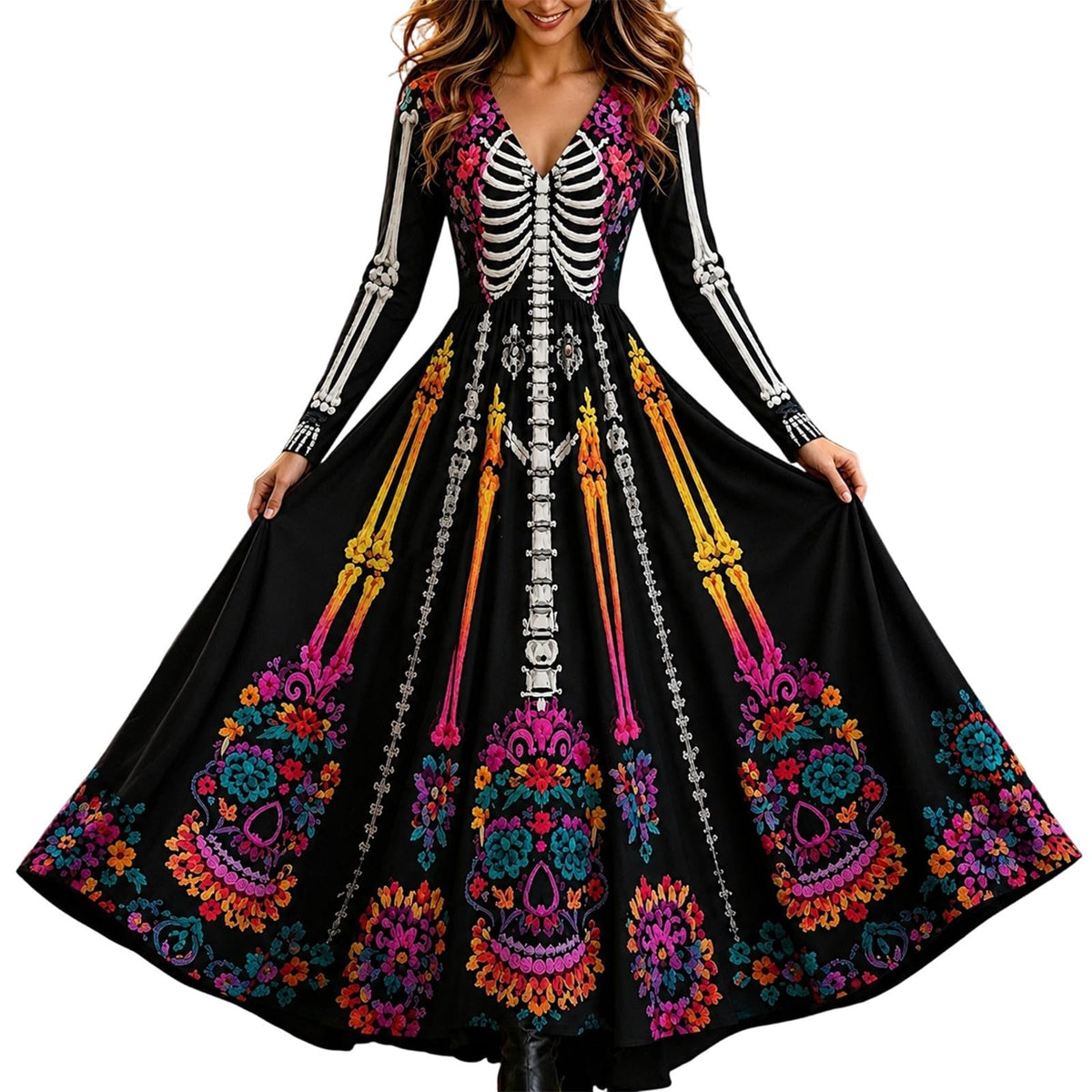 Halloween Dresses For Women V-Neck Skull Print Witch Costumes Gothic Dress