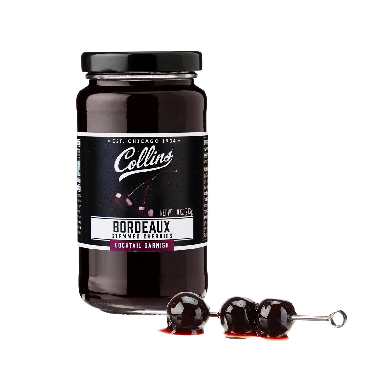 Collins Bourbon Cocktail Cherries - Drinks Garnish for Manhattan or Old Fashioned Cocktails and Desserts, Made with Award Winning Whiskey, 11 Ounce Glass Jar