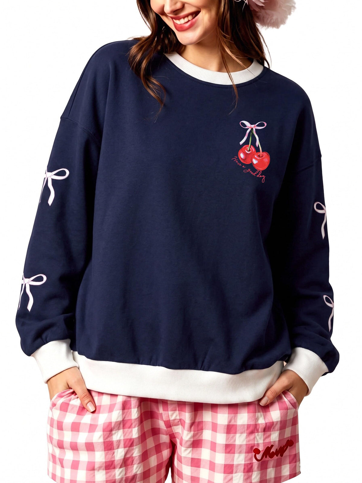 Women's Cherry Bow Graphic Sweatshirt Long Sleeve Crewneck Pullover Tops