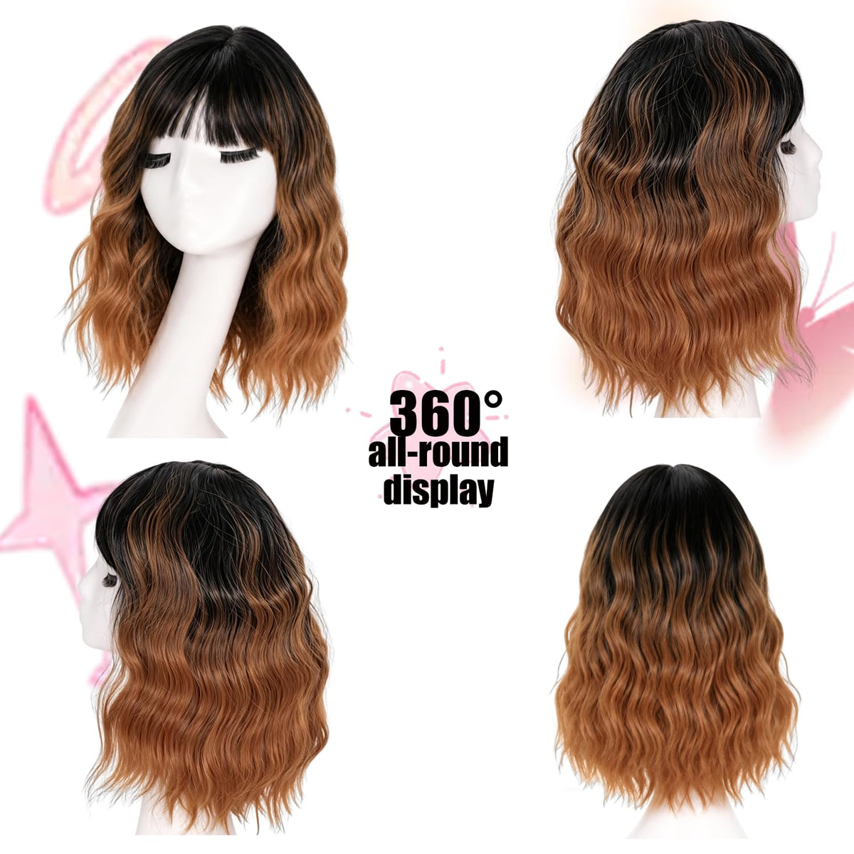 Short Wavy Wig with Bangs Black Mixed Brown Bob Curly Wigs for Women 14inch