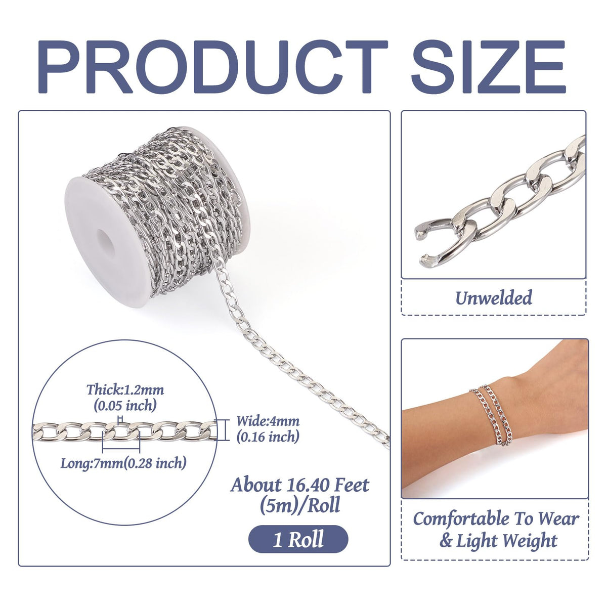 Beadthoven 16.4ft Aluminum Curb Chains, Silver Color Chains for Jewelry Making 5mm Wide Metal Craft Chain Link Spool Twisted Links Oval Curb Chains Unwelded for Clothes Necklace Bracelet DIY Findings
