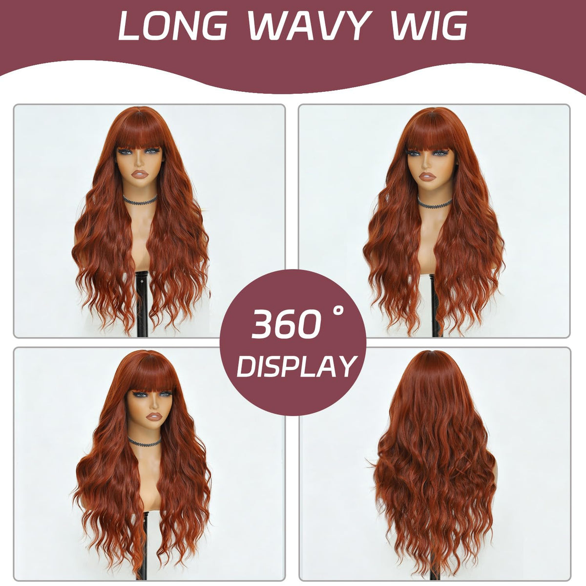 Burgundy Wig with Bangs for Women, Long Wavy Red Wig 26 Inch Wigs Heat Resistant Sythetic Wig for Daily Party Use