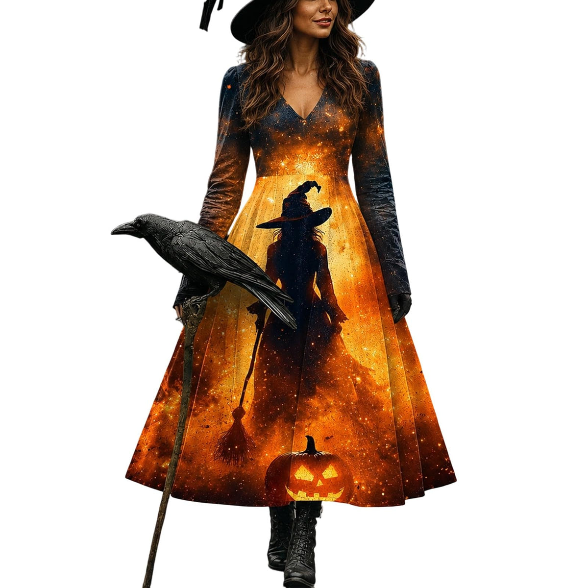 Halloween Dresses For Women V-Neck Skull Print Witch Costumes Gothic Dress