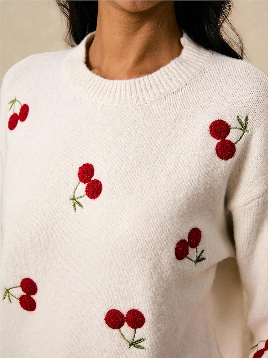 MakeMeChic Women's Cherry Embroidery Sweater Pullovers