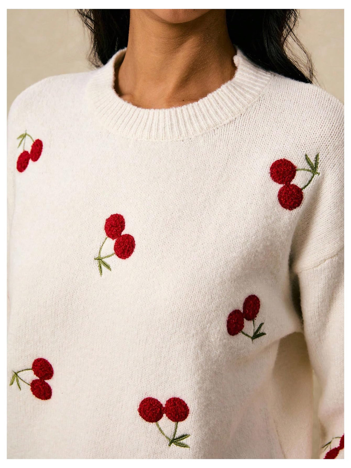 MakeMeChic Women's Cherry Embroidery Sweater Pullovers