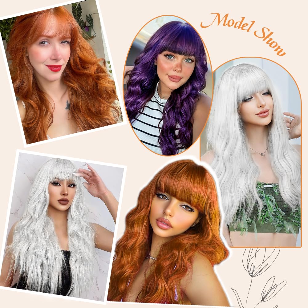 Black Wig with Bangs Long curly wavy Wigs for Women26In Synthetic Black Wig