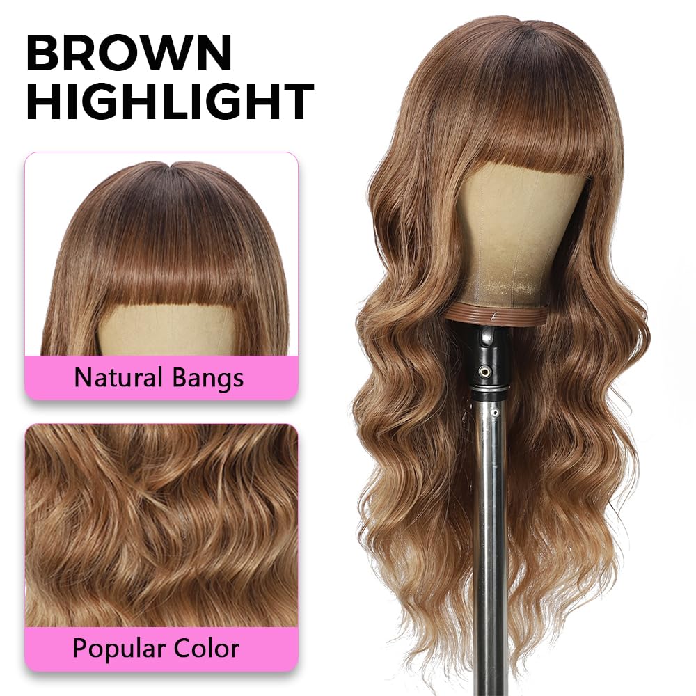 Black Wig with Bangs Long curly wavy Wigs for Women26In Synthetic Black Wig