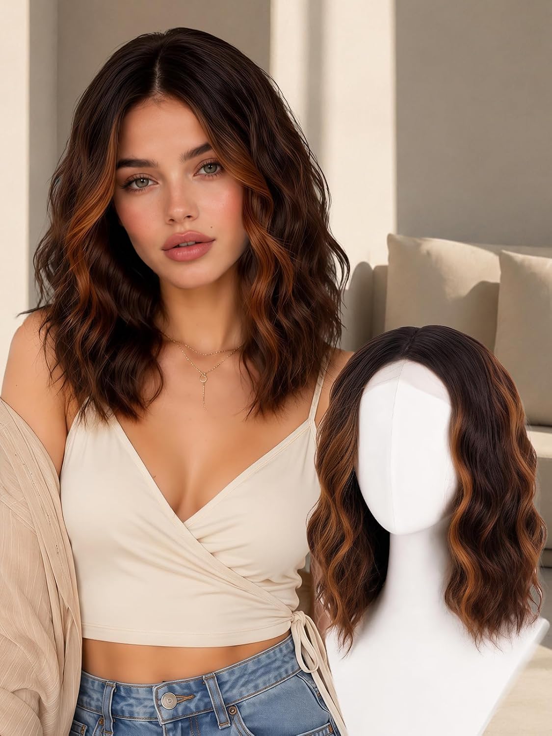 Brown Highlight T Part Lace Front Wig 14 Inch Wavy Bob Glueless Wig