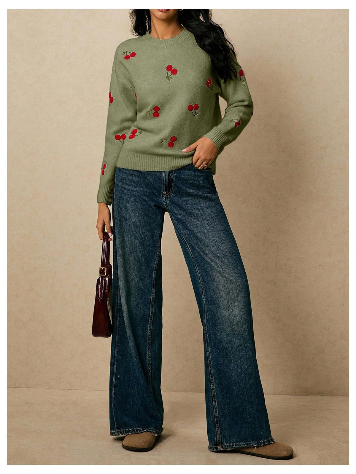 MakeMeChic Women's Cherry Embroidery Sweater Pullovers