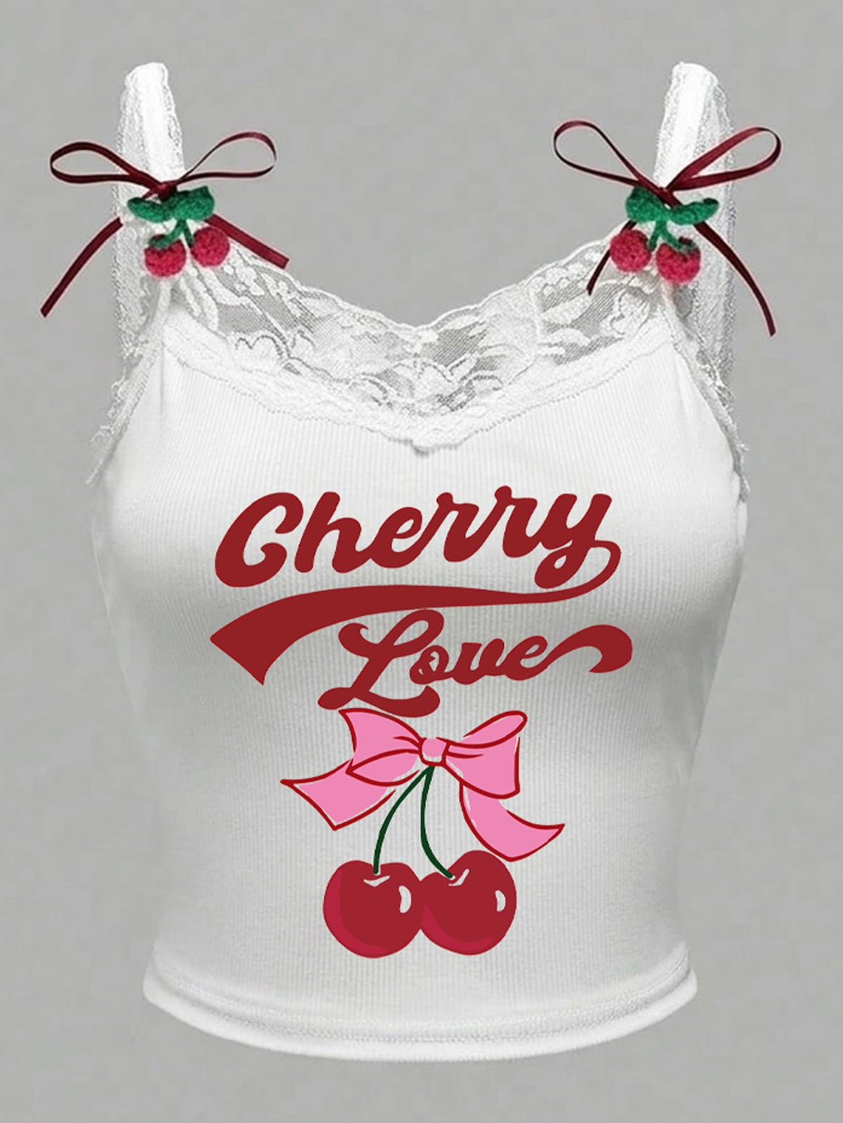 SHENHE Women's Lace Trim Cute Cherry Print Spaghetti Strap Kawaii Top
