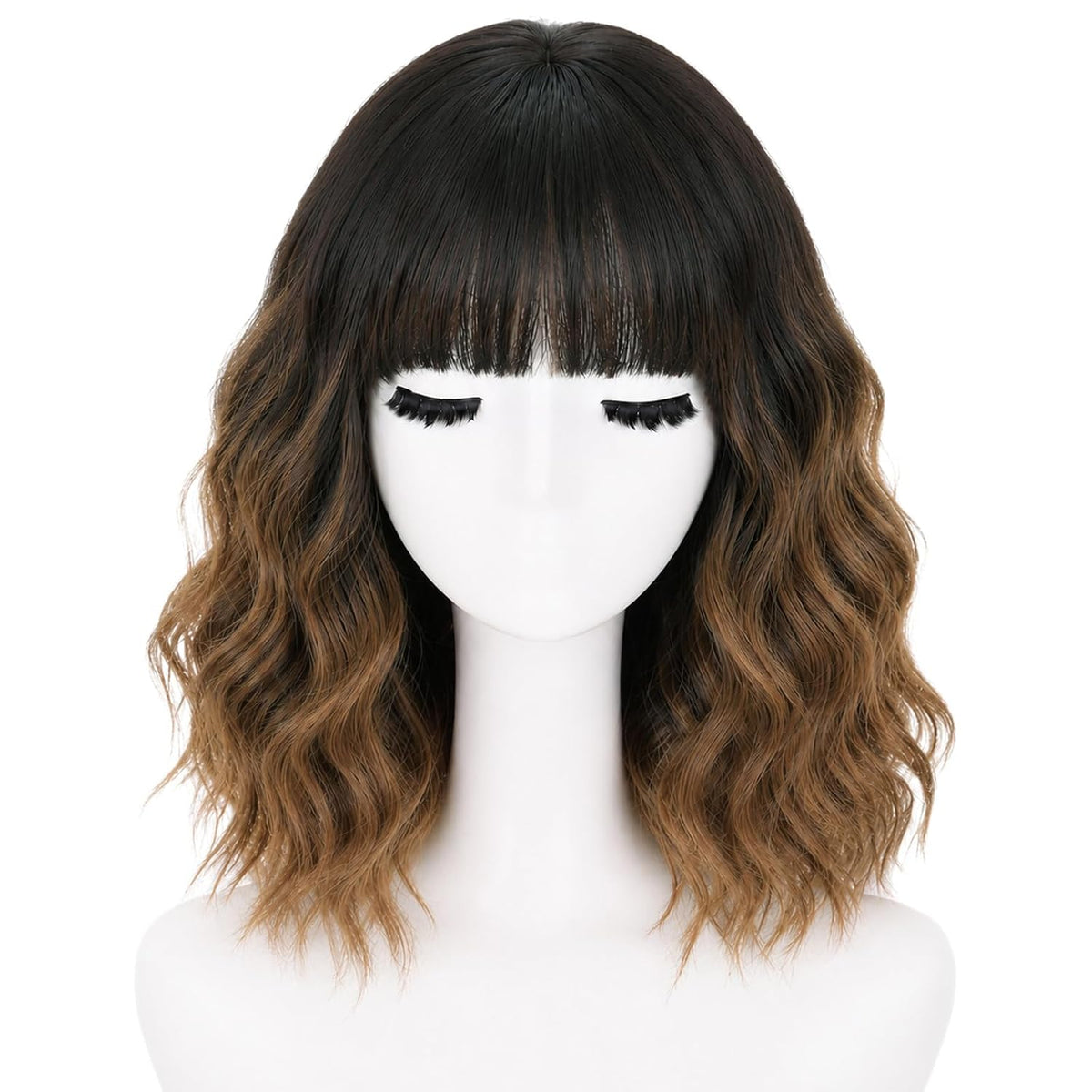 NOSTALGIA Wigs for Women, Short Wavy Bob Wig with Bangs, Trimmable Bangs, Shoulder Length, Black To Brown Heat Resistant Synthetic Wig for Daily Party Use, 14 Inch