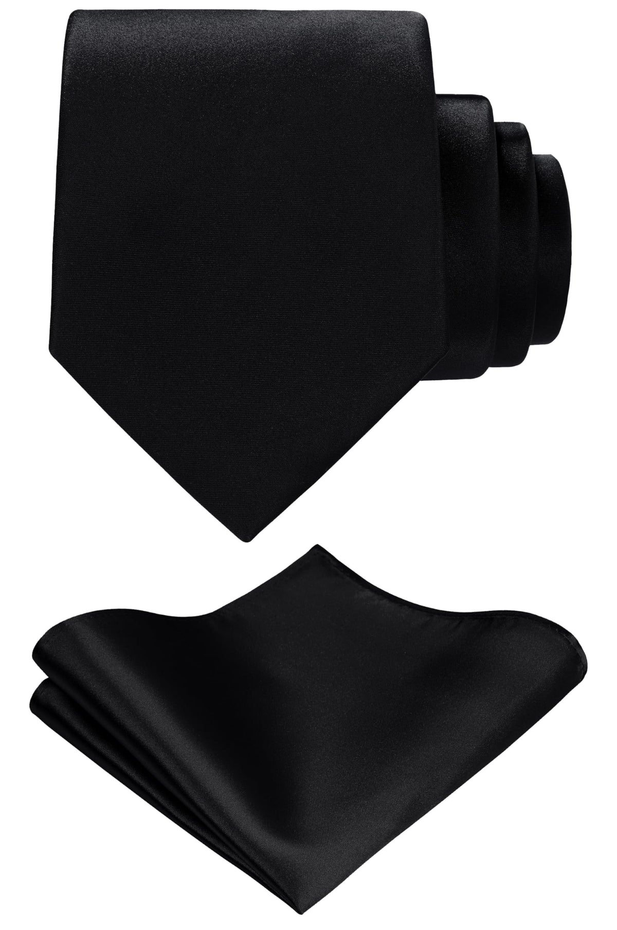 TIE G Solid Satin Woven dyed Color Formal Black Necktie and Pocket Square Sets in Gift Box