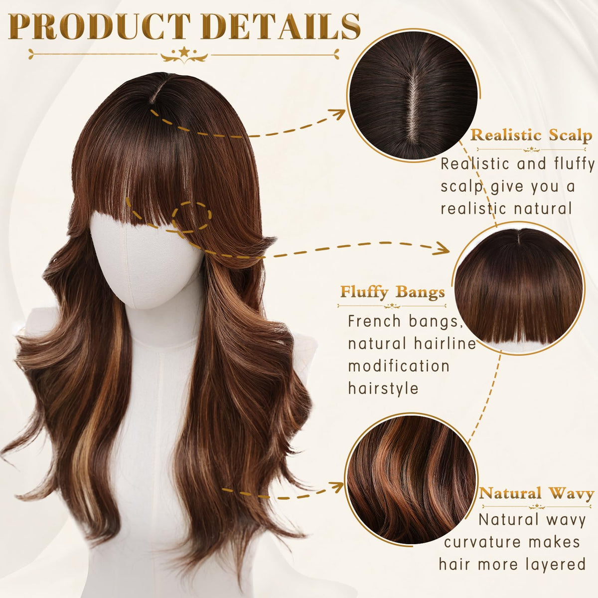 Rooted Honey Wig with Bangs for Women 24 Inch Long Wavy Synthetic Hair