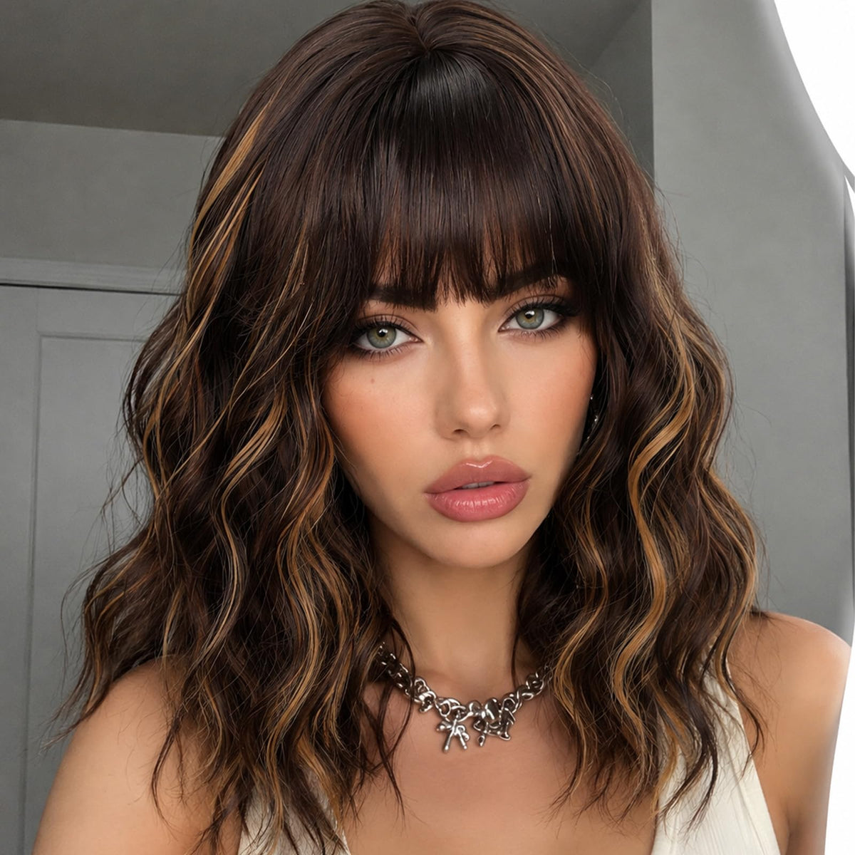 Short Black-grey Wavy Wig with Bangs for Women Halloween Curly Bob Wigs