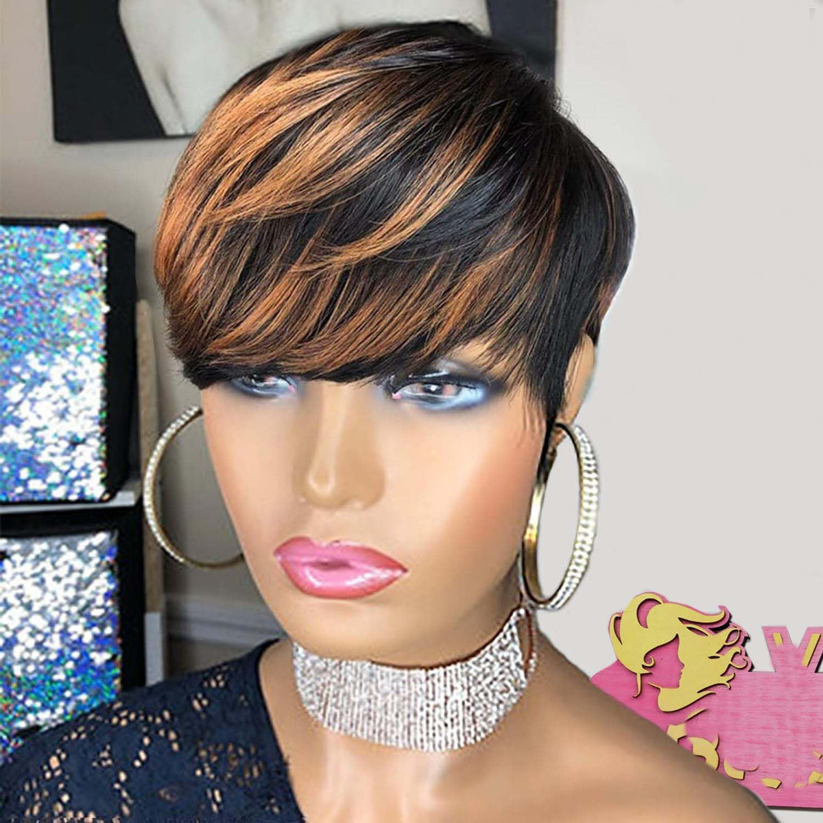 VRZ Pixie Cut Wigs for Black Women Brazilian Curly Pixie Cut Wig Human Hair Glueless Short Layered Wigs With Bangs Natural Black Color No Glue Human Hair Wig for Daily Use
