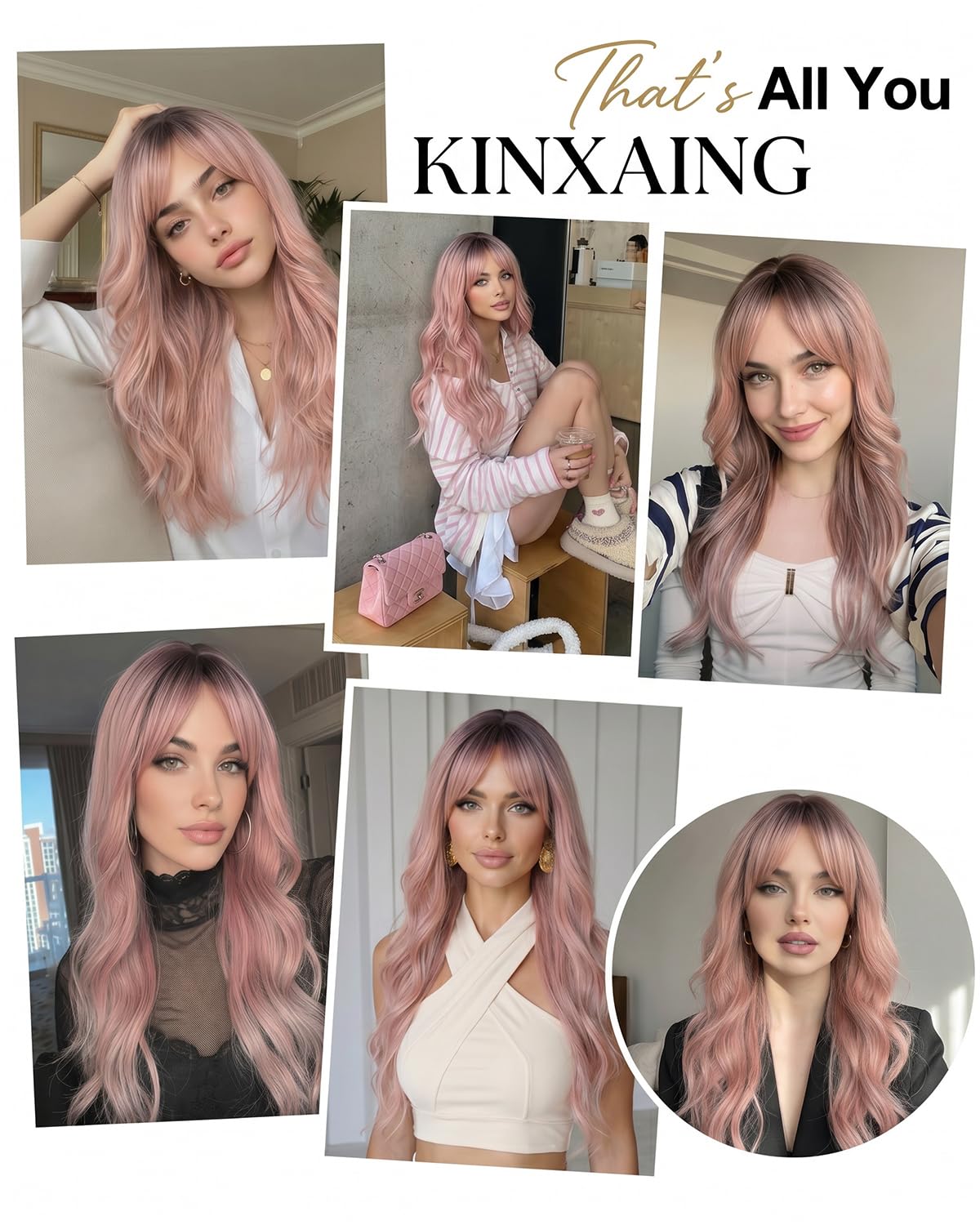 Ombre Pink Wavy Wig with Curtain Bangs 26 Inch – Long Layered Synthetic Hair Wig for Women, Natural Looking Dark Root Heat Resistant Wig, Soft Thick Full Wig for Daily Wear Party Cosplay