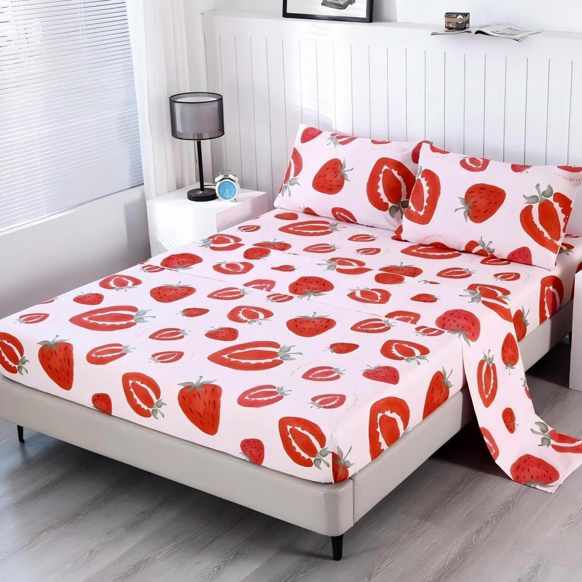 SDIII 4PCS Red Cherry Bed Sheets Set Full, Soft Microfiber Cherry Full Size Bed Sheets, Cute Fruit Patterns Sheet for Girls Boys Kids and Teens
