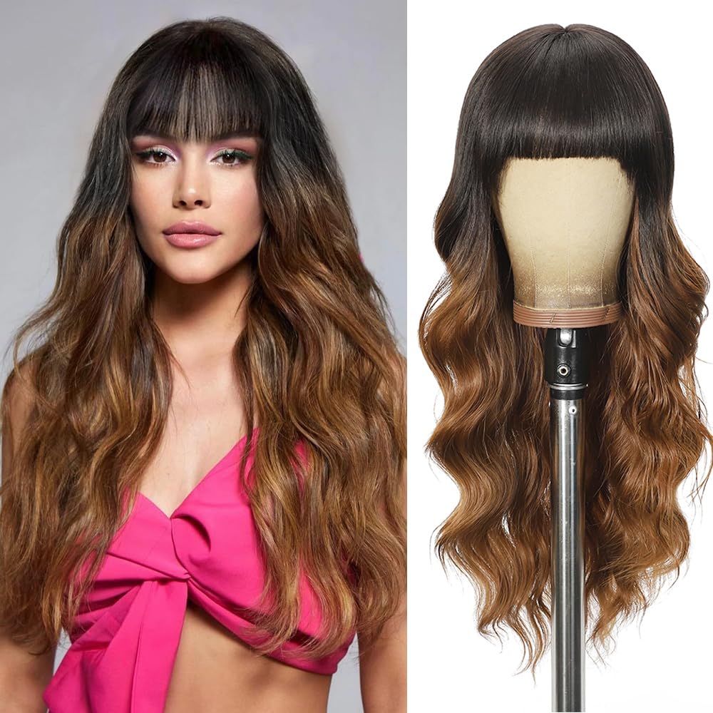 Black Wig with Bangs Long curly wavy Wigs for Women26In Synthetic Black Wig