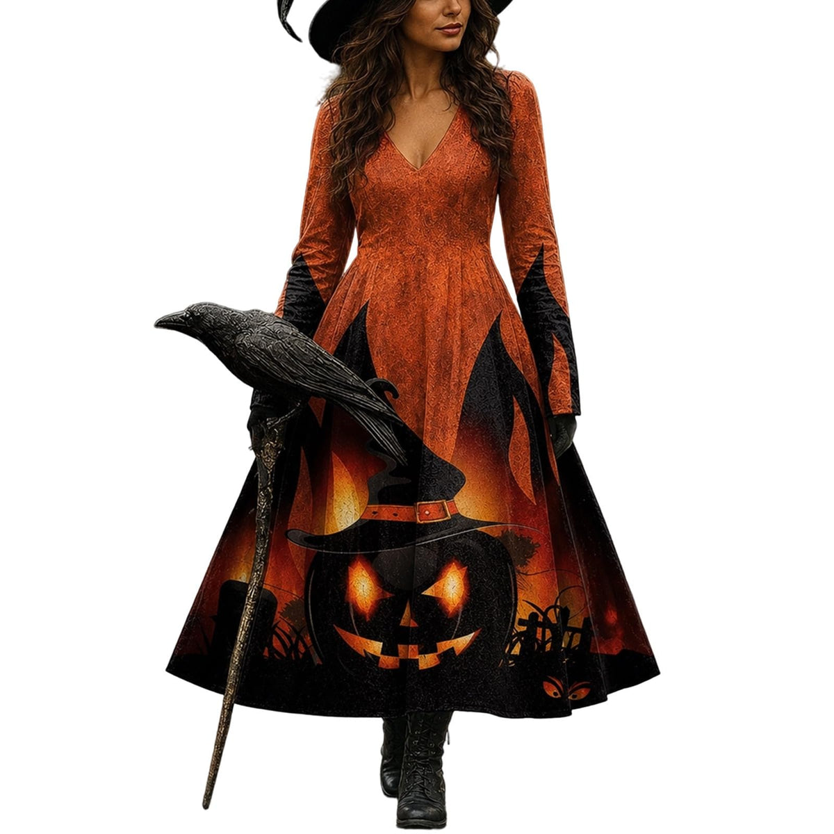 Halloween Dresses For Women V-Neck Skull Print Witch Costumes Gothic Dress