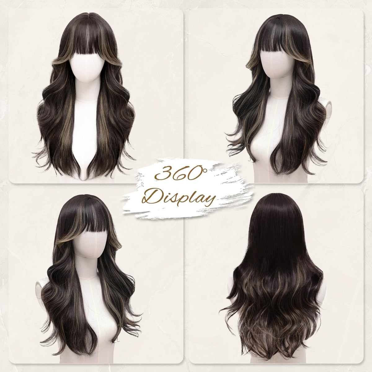 Rooted Honey Wig with Bangs for Women 24 Inch Long Wavy Synthetic Hair