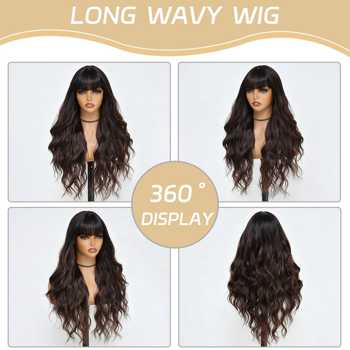 Burgundy Wig with Bangs for Women, Long Wavy Red Wig 26 Inch Wigs Heat Resistant Sythetic Wig for Daily Party Use