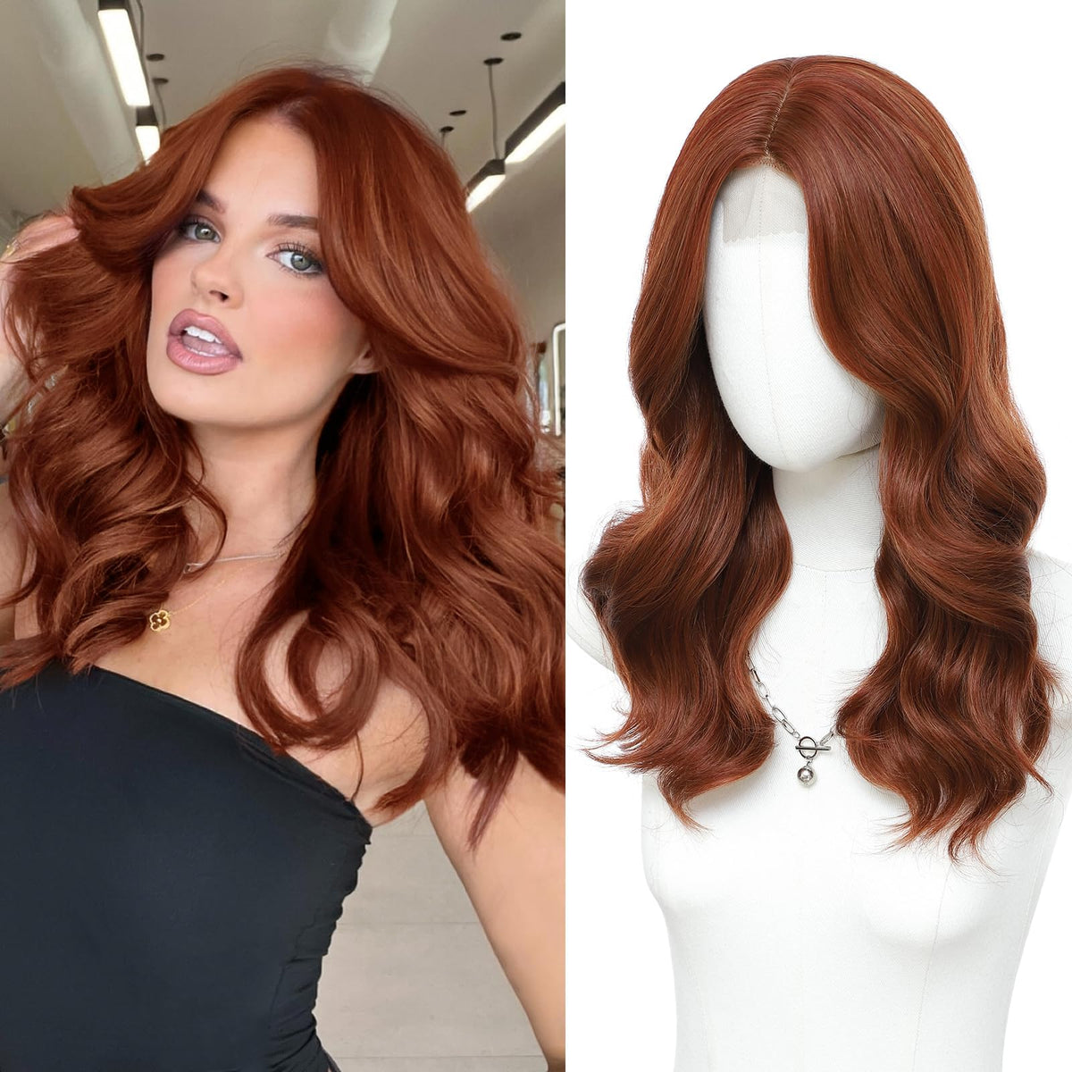MORICA Ombre Dark Green Wigs for Women, 18 Inch Wavy Middle Part Wig