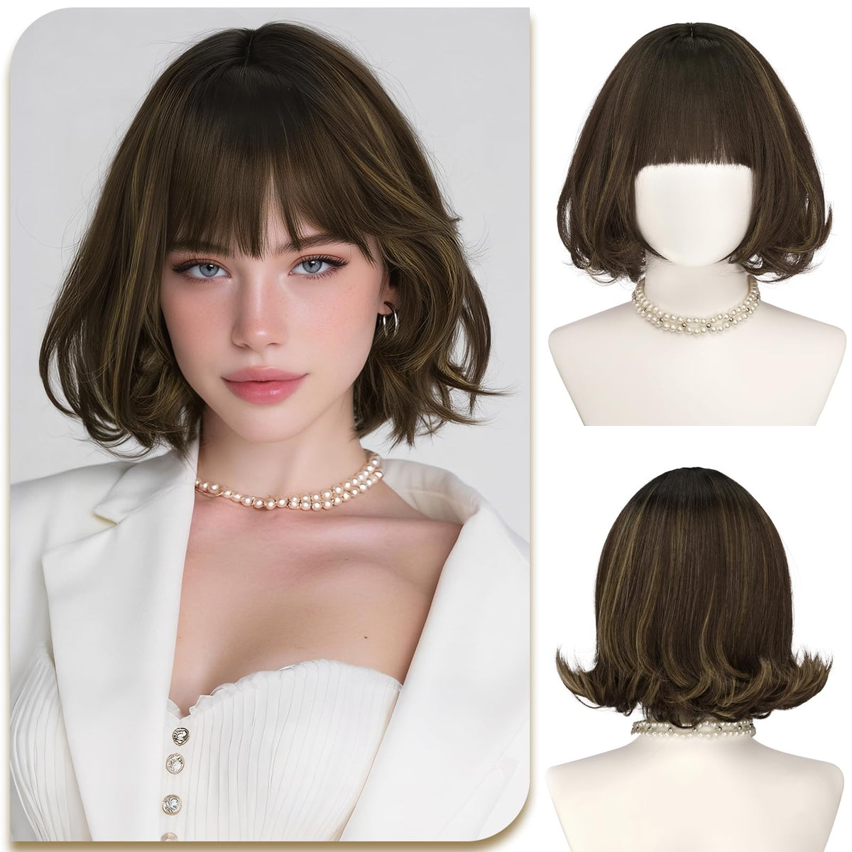 SOFEIYAN Short Wavy Violet Blue Wig - 12 Inch Dark Ginger Bob Wig with Bangs for Women Curly Shoulder Length Bob Wig with Bangs Soft Synthetic Hair Wigs for Girls Daily Party Use