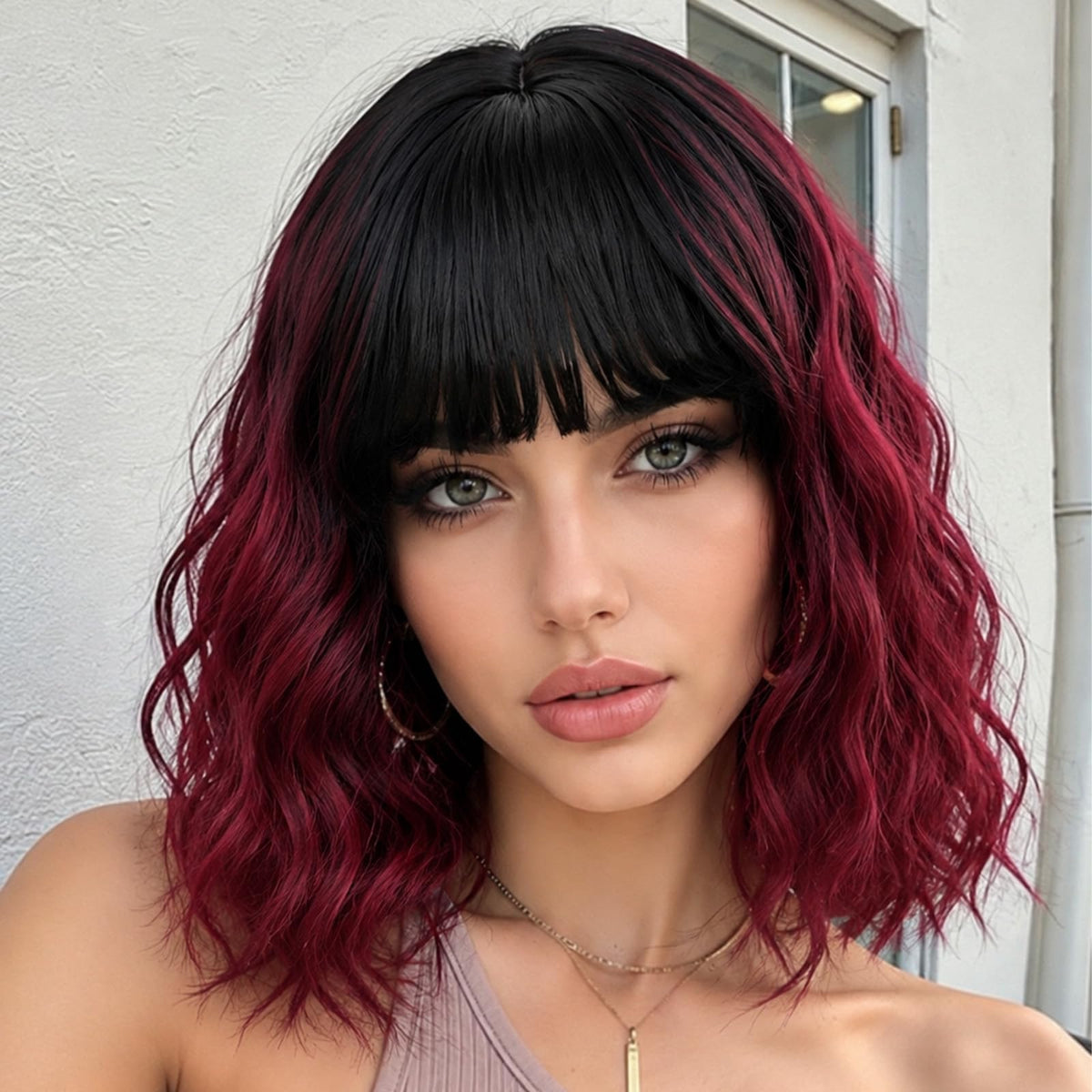 Short Black-grey Wavy Wig with Bangs for Women Halloween Curly Bob Wigs