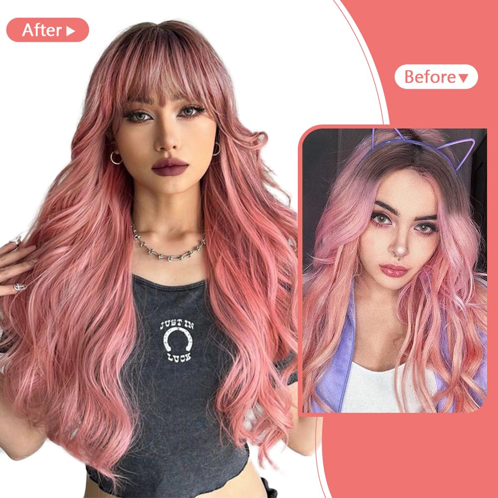 Black Wig with Bangs Long curly wavy Wigs for Women26In Synthetic Black Wig