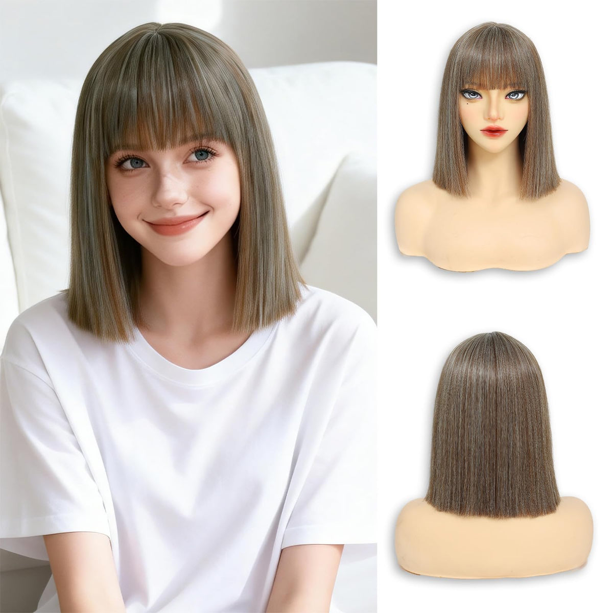 Black Bob Wig with Bangs Short Black Straight Wig for Women