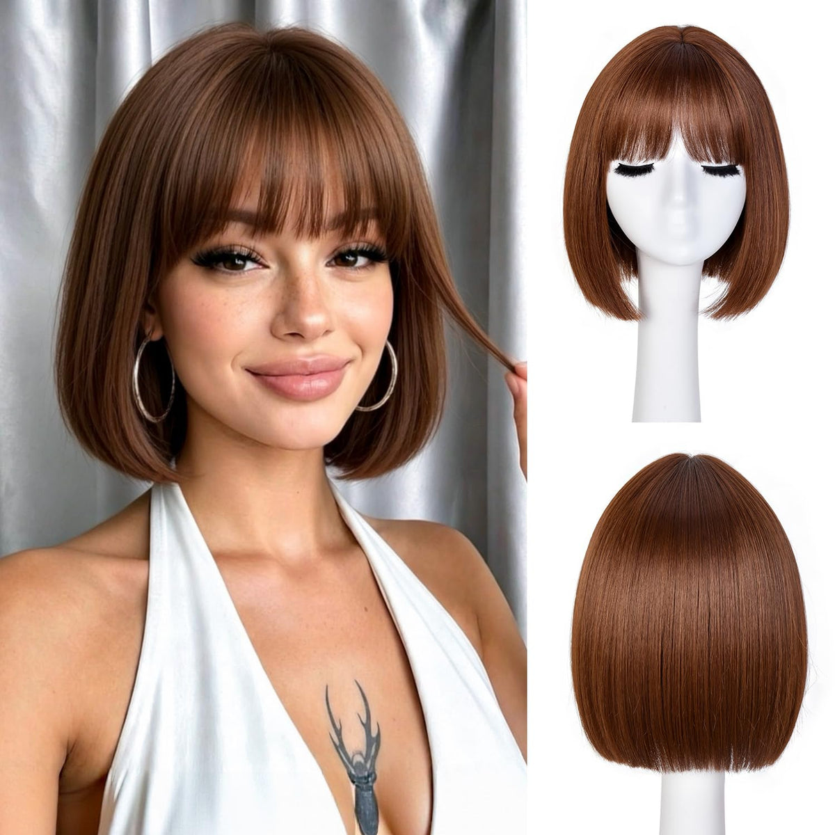 Hightlight Brown Bob Wig With Bangs Short Bob Wigs for Women Girl