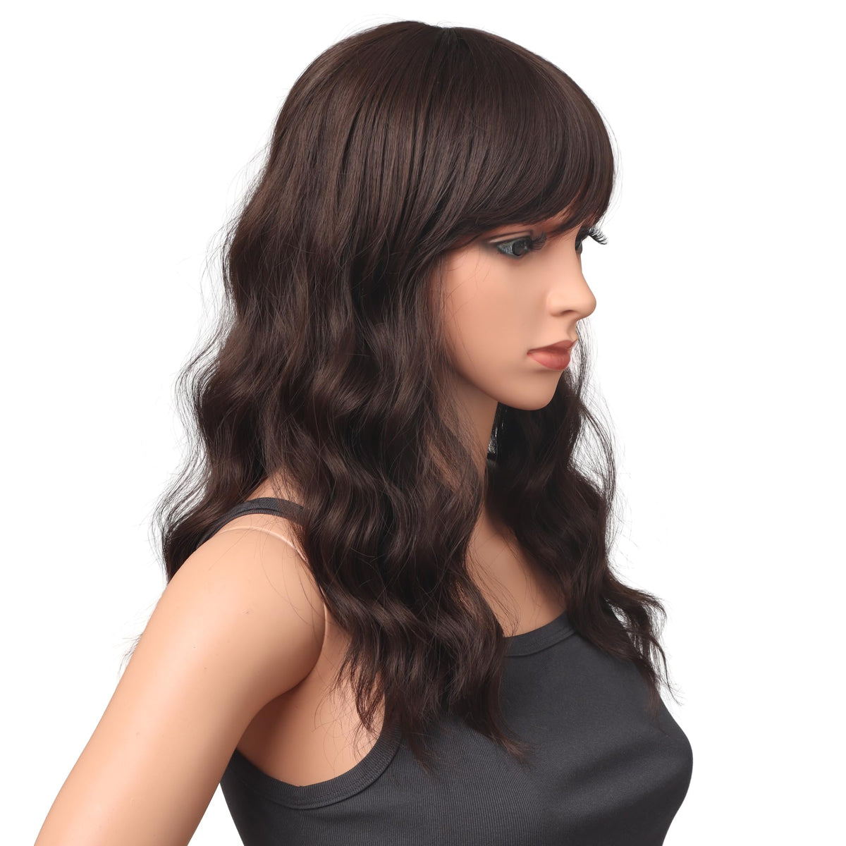 18 Inch Wavy Wig with Bangs – Black With Brown Highlights Heat Resistant Synthetic Hair, Soft Silky & Natural Looking for Women