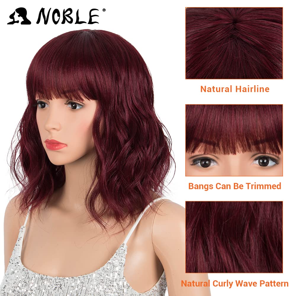 NOBLE Blue Wig with Bangs 12 Inches Short Bob Curly Wig Blue Wigs for Women Colorful Wavy Bob Wigs with Air Bangs Heat Resistant Synthetic Silver Blue Halloween Wigs for Cosplay Party