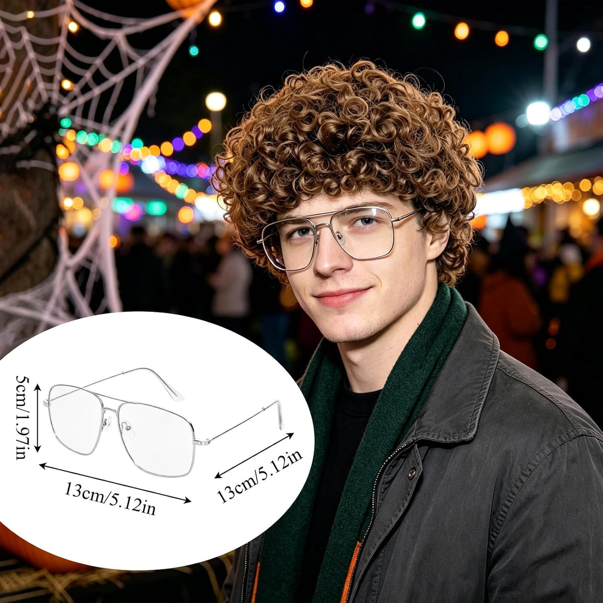 Short Brown Afro Wig with Glasses Costume Set Mens Crazy Funny Party Wigs