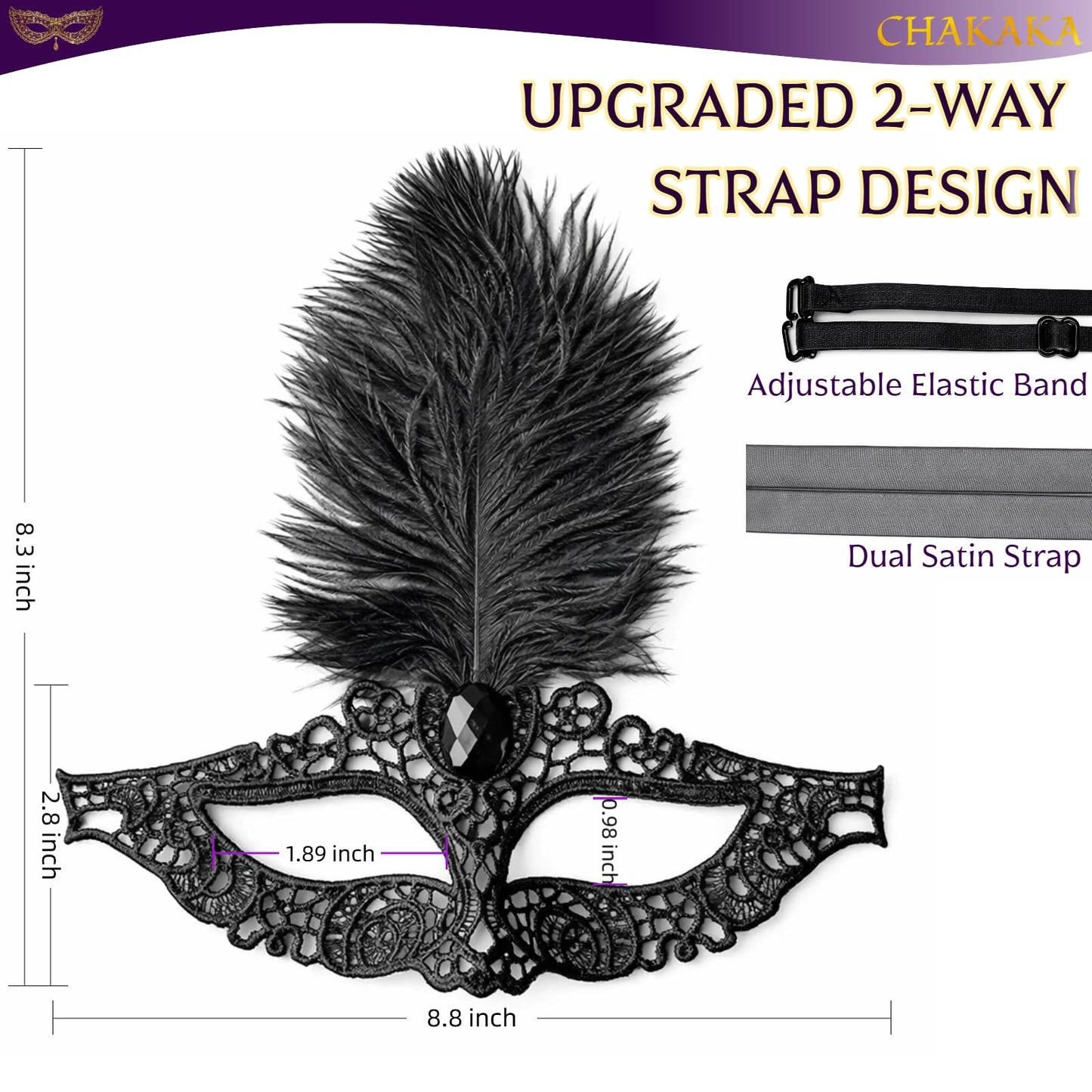 Black Lace Masquerade Mask for Women,1920s Venetian Feather Eye Mask with Gold Rhinestones for Mardi Gras Halloween