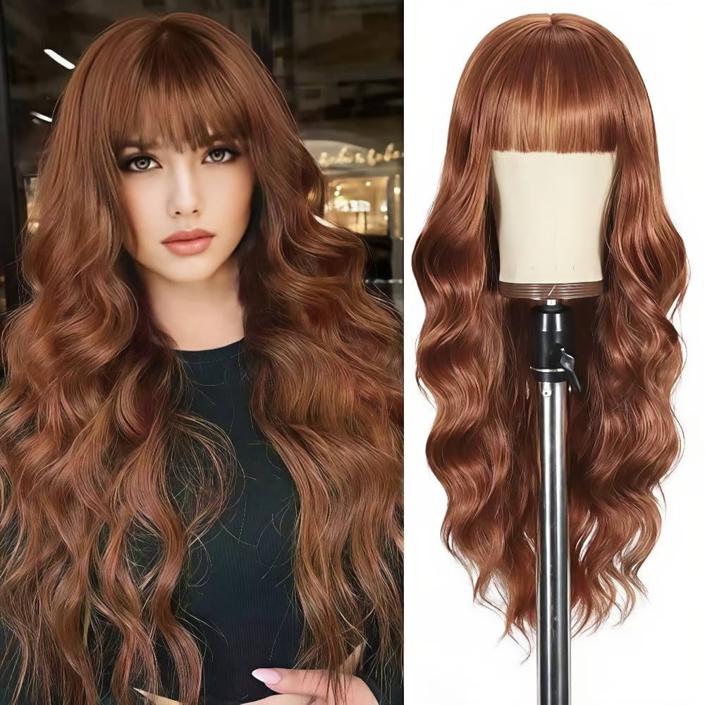 Black Wig with Bangs Long curly wavy Wigs for Women26In Synthetic Black Wig