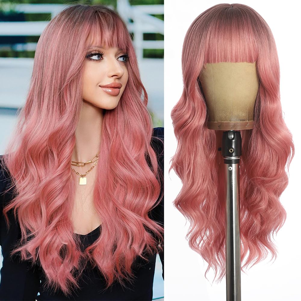 Black Wig with Bangs Long curly wavy Wigs for Women26In Synthetic Black Wig