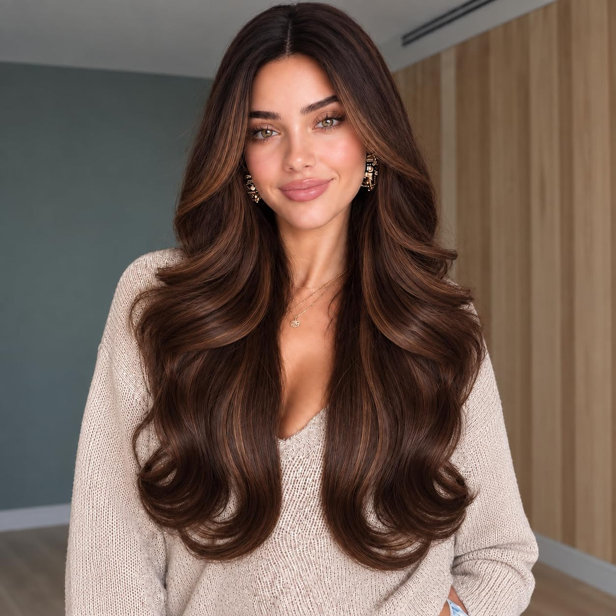 Brown Wigs for Women 26 Inch Middle Part Wavy Synthetic Wig