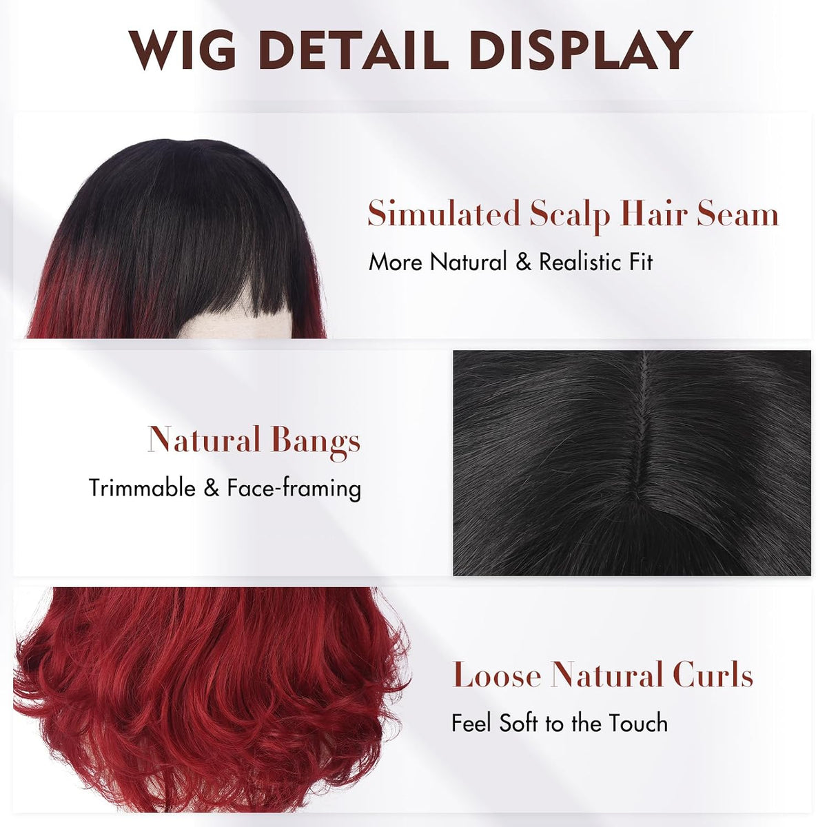 Burgundy Wig with Bangs 16 Inch Ombre Wig for Women