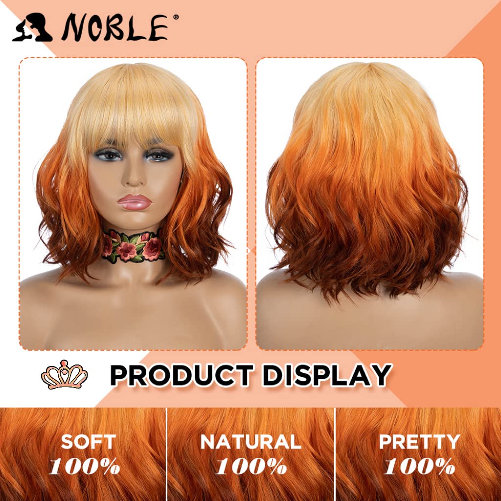 NOBLE Blue Wig with Bangs 12 Inches Short Bob Curly Wig Blue Wigs for Women Colorful Wavy Bob Wigs with Air Bangs Heat Resistant Synthetic Silver Blue Halloween Wigs for Cosplay Party