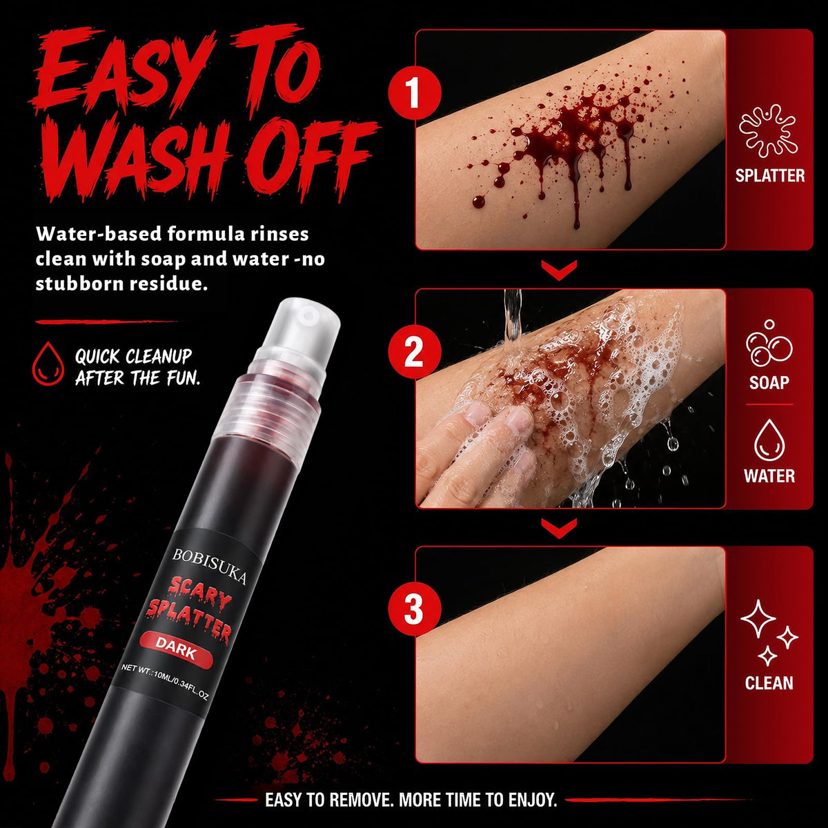BOBISUKA Dark Fake Blood Spray– Splatter SFX Makeup Kit for Halloween, Cosplay, Zombie, Vampire, Clown, Scary Wounds, Easy Washable Formula – 0.34 fl.oz