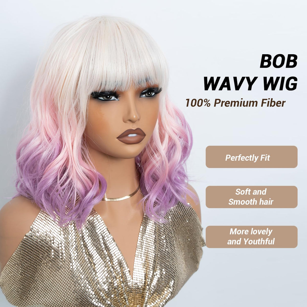 NOBLE Blue Wig with Bangs 12 Inches Short Bob Curly Wig Blue Wigs for Women Colorful Wavy Bob Wigs with Air Bangs Heat Resistant Synthetic Silver Blue Halloween Wigs for Cosplay Party