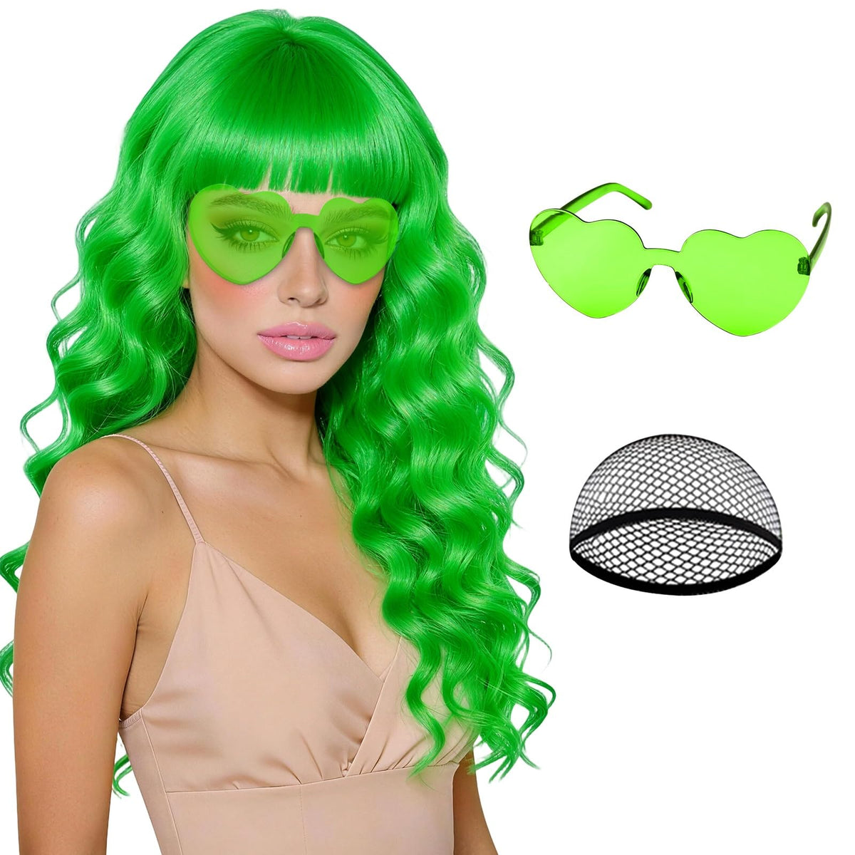 Purple Wig for Women Long Wavy Hair with Heart Sunglasses, Colorful Curly Wigs with Bangs for Birthday Nightclubs Music Festival Photography Funny Bachelorette Mardi Gras Party Supplies
