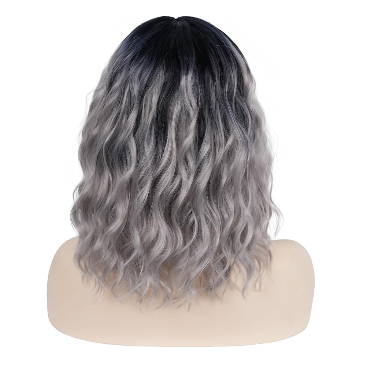 Short Black-grey Wavy Wig with Bangs for Women Halloween Curly Bob Wigs